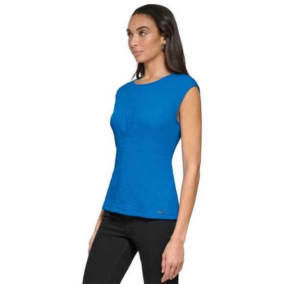 CALVIN KLEIN Cap Sleeve Pleated V-Bodice Textured Blue Blouse NWT - Picture 4 of 6